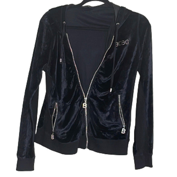 Y2K‎ BCBG MAXAZRIA RHINESTONE SPELL OUT BLACK VELOUR ZIP -UP JACKET SIZE L - Picture 1 of 10